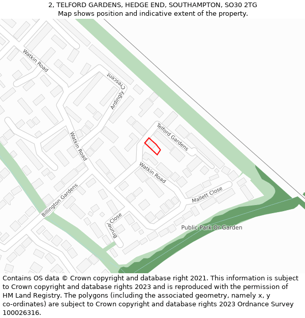 2, TELFORD GARDENS, HEDGE END, SOUTHAMPTON, SO30 2TG: Location map and indicative extent of plot