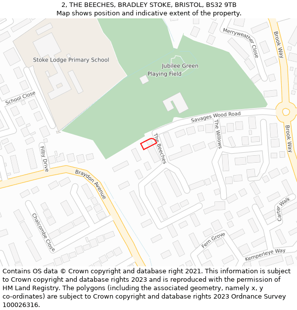 2, THE BEECHES, BRADLEY STOKE, BRISTOL, BS32 9TB: Location map and indicative extent of plot