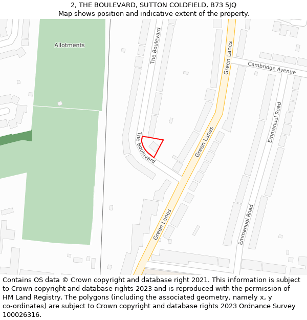 2, THE BOULEVARD, SUTTON COLDFIELD, B73 5JQ: Location map and indicative extent of plot