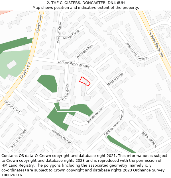 2, THE CLOISTERS, DONCASTER, DN4 6UH: Location map and indicative extent of plot