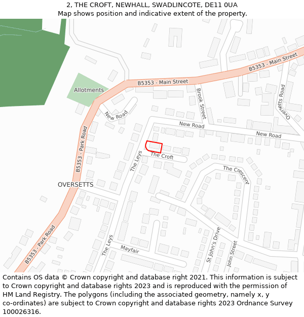 2, THE CROFT, NEWHALL, SWADLINCOTE, DE11 0UA: Location map and indicative extent of plot