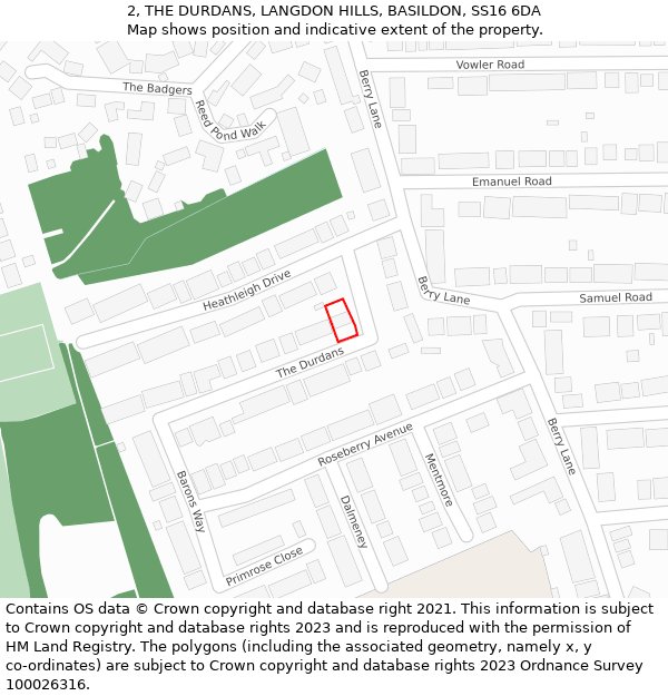 2, THE DURDANS, LANGDON HILLS, BASILDON, SS16 6DA: Location map and indicative extent of plot