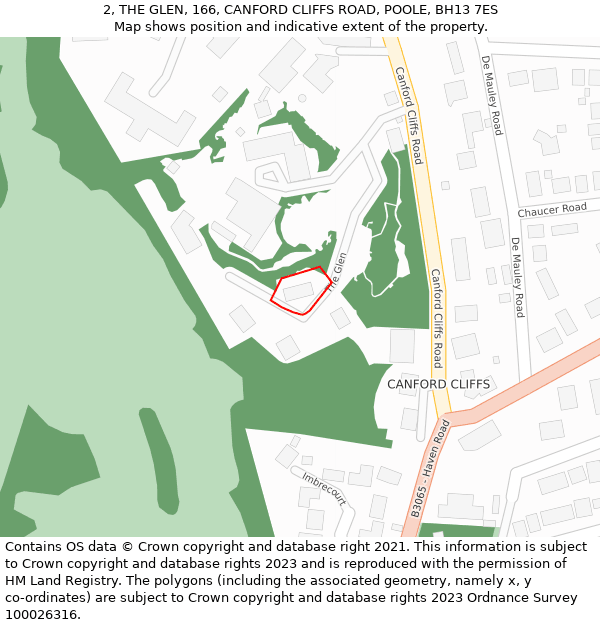 2, THE GLEN, 166, CANFORD CLIFFS ROAD, POOLE, BH13 7ES: Location map and indicative extent of plot