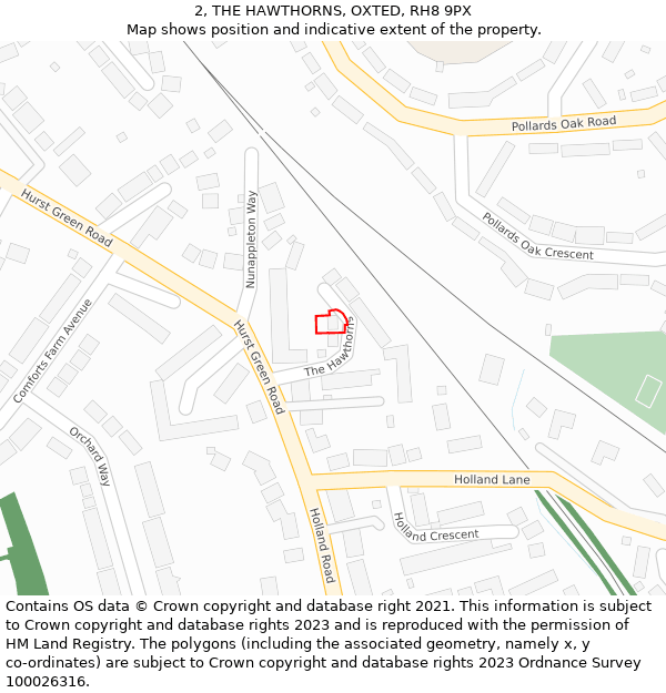 2, THE HAWTHORNS, OXTED, RH8 9PX: Location map and indicative extent of plot