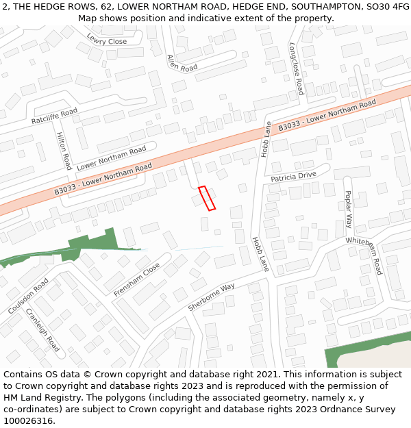 2, THE HEDGE ROWS, 62, LOWER NORTHAM ROAD, HEDGE END, SOUTHAMPTON, SO30 4FG: Location map and indicative extent of plot