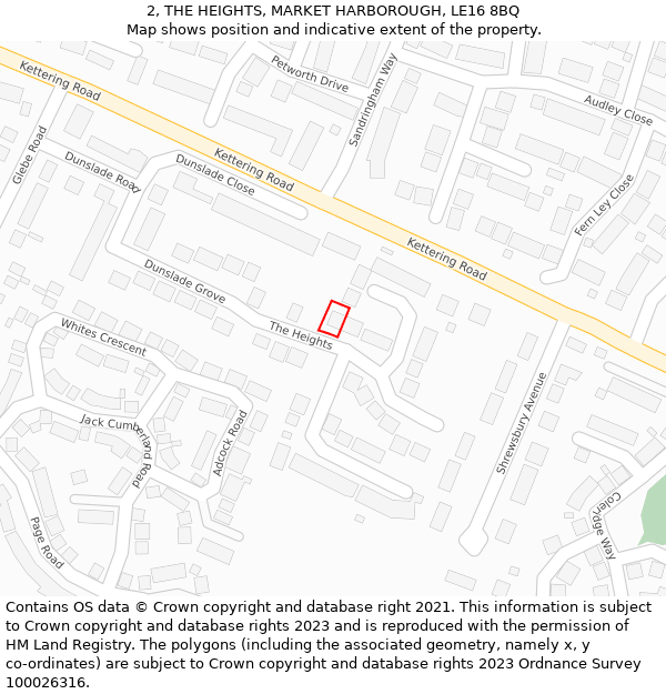 2, THE HEIGHTS, MARKET HARBOROUGH, LE16 8BQ: Location map and indicative extent of plot