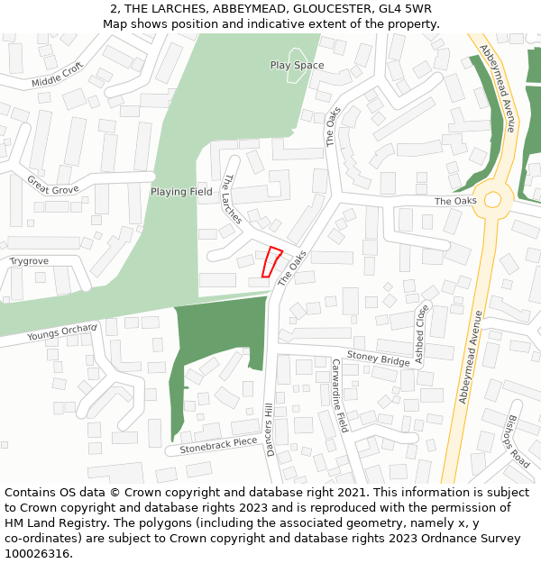 2, THE LARCHES, ABBEYMEAD, GLOUCESTER, GL4 5WR: Location map and indicative extent of plot