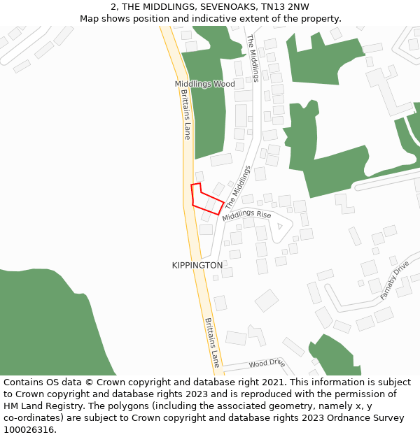 2, THE MIDDLINGS, SEVENOAKS, TN13 2NW: Location map and indicative extent of plot