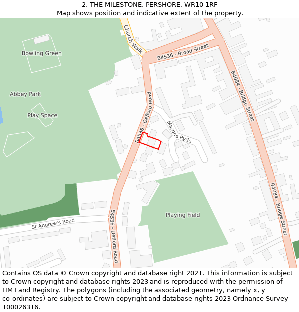 2, THE MILESTONE, PERSHORE, WR10 1RF: Location map and indicative extent of plot