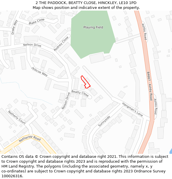 2 THE PADDOCK, BEATTY CLOSE, HINCKLEY, LE10 1PD: Location map and indicative extent of plot