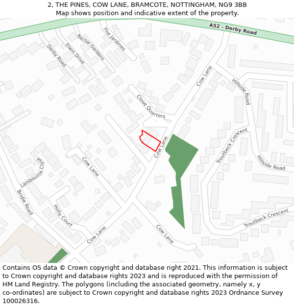 2, THE PINES, COW LANE, BRAMCOTE, NOTTINGHAM, NG9 3BB: Location map and indicative extent of plot