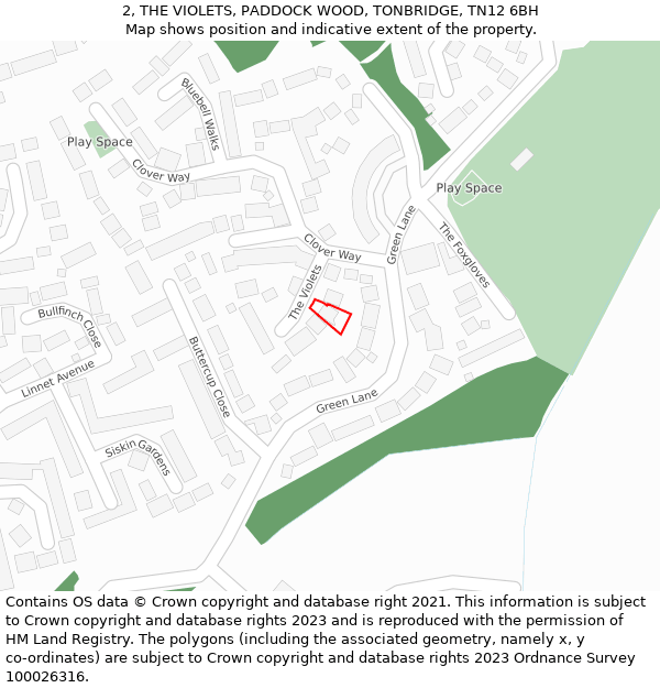 2, THE VIOLETS, PADDOCK WOOD, TONBRIDGE, TN12 6BH: Location map and indicative extent of plot