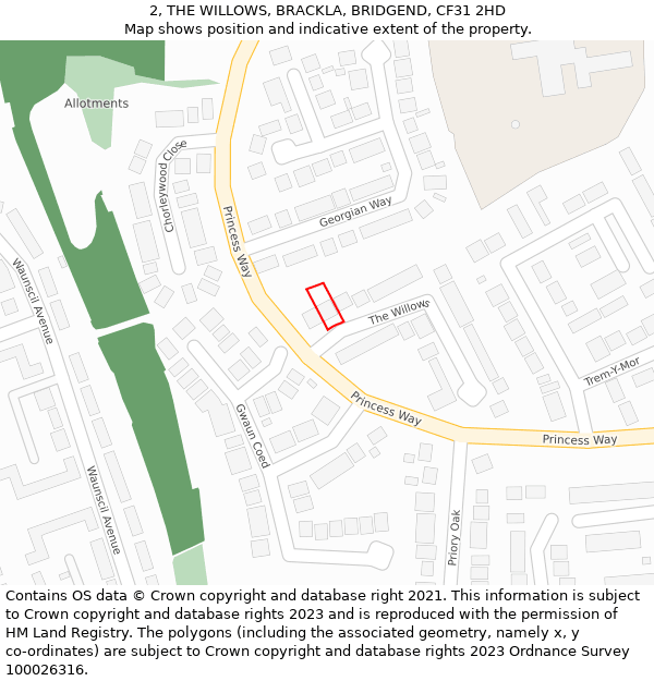 2, THE WILLOWS, BRACKLA, BRIDGEND, CF31 2HD: Location map and indicative extent of plot