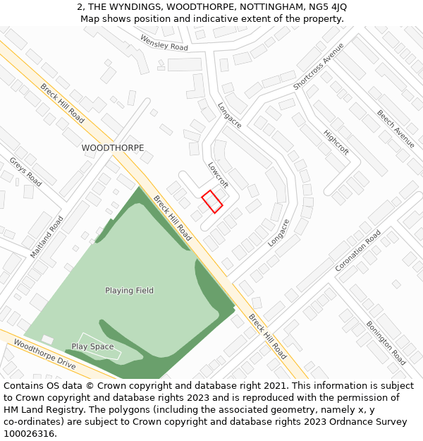 2, THE WYNDINGS, WOODTHORPE, NOTTINGHAM, NG5 4JQ: Location map and indicative extent of plot