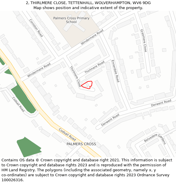 2, THIRLMERE CLOSE, TETTENHALL, WOLVERHAMPTON, WV6 9DG: Location map and indicative extent of plot