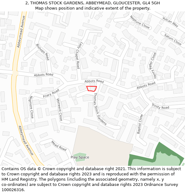 2, THOMAS STOCK GARDENS, ABBEYMEAD, GLOUCESTER, GL4 5GH: Location map and indicative extent of plot