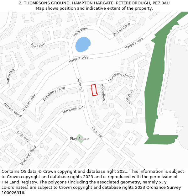 2, THOMPSONS GROUND, HAMPTON HARGATE, PETERBOROUGH, PE7 8AU: Location map and indicative extent of plot