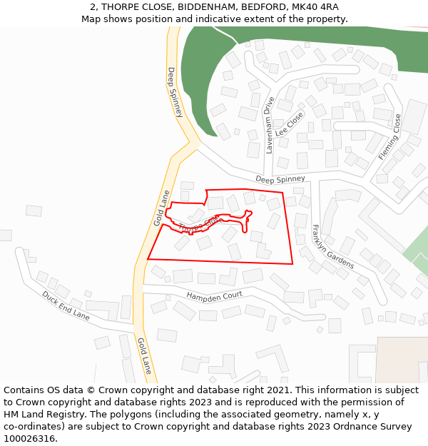 2, THORPE CLOSE, BIDDENHAM, BEDFORD, MK40 4RA: Location map and indicative extent of plot