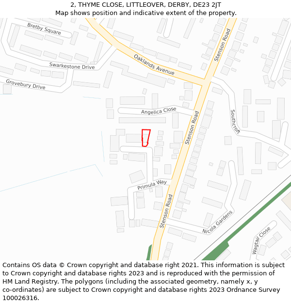 2, THYME CLOSE, LITTLEOVER, DERBY, DE23 2JT: Location map and indicative extent of plot