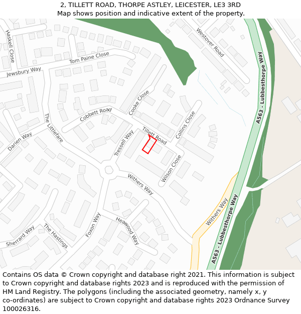 2, TILLETT ROAD, THORPE ASTLEY, LEICESTER, LE3 3RD: Location map and indicative extent of plot