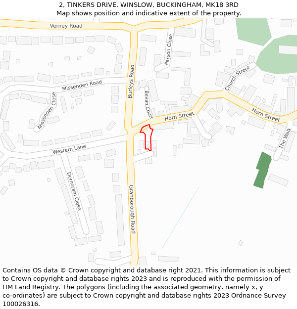 2, TINKERS DRIVE, WINSLOW, BUCKINGHAM, MK18 3RD: Location map and indicative extent of plot