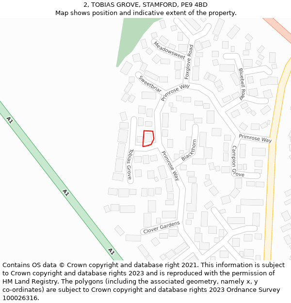 2, TOBIAS GROVE, STAMFORD, PE9 4BD: Location map and indicative extent of plot