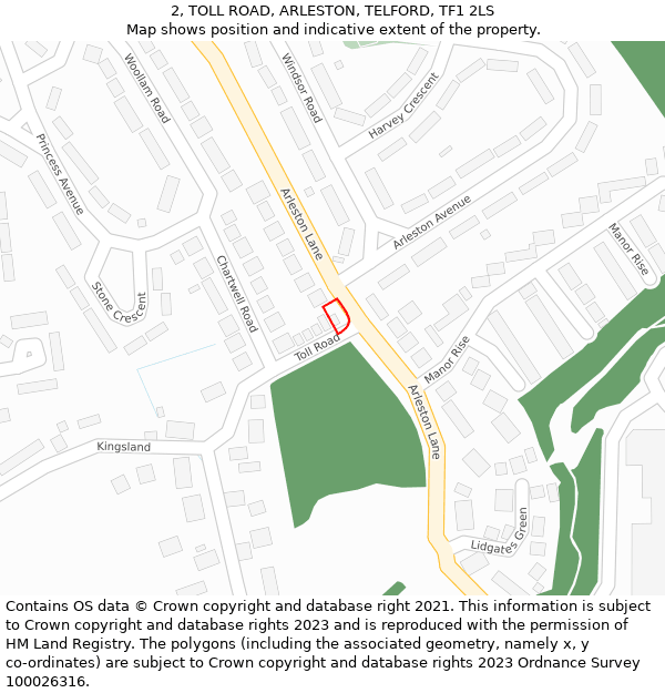 2, TOLL ROAD, ARLESTON, TELFORD, TF1 2LS: Location map and indicative extent of plot