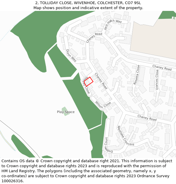 2, TOLLIDAY CLOSE, WIVENHOE, COLCHESTER, CO7 9SL: Location map and indicative extent of plot