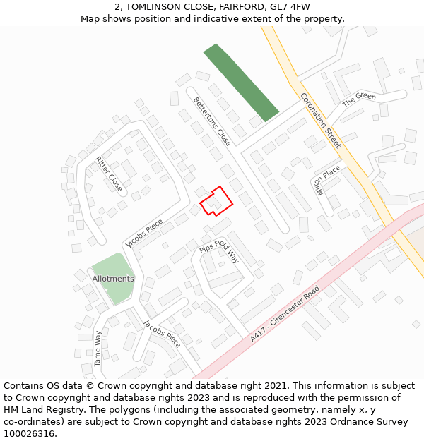 2, TOMLINSON CLOSE, FAIRFORD, GL7 4FW: Location map and indicative extent of plot