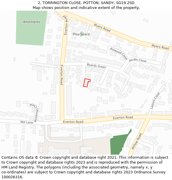 2, TORRINGTON CLOSE, POTTON, SANDY, SG19 2SD: Location map and indicative extent of plot