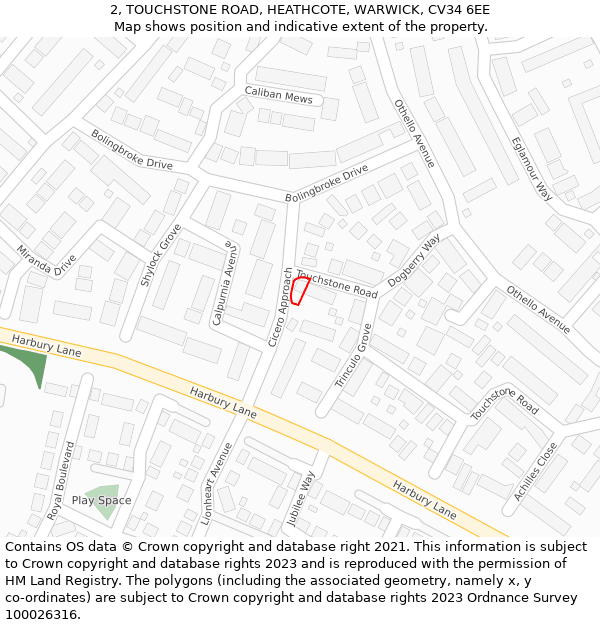 2, TOUCHSTONE ROAD, HEATHCOTE, WARWICK, CV34 6EE: Location map and indicative extent of plot