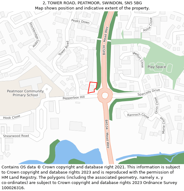 2, TOWER ROAD, PEATMOOR, SWINDON, SN5 5BG: Location map and indicative extent of plot