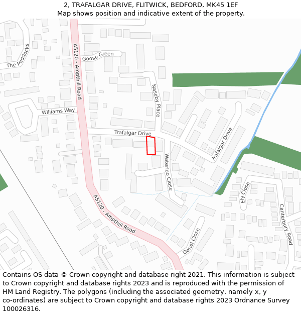 2, TRAFALGAR DRIVE, FLITWICK, BEDFORD, MK45 1EF: Location map and indicative extent of plot