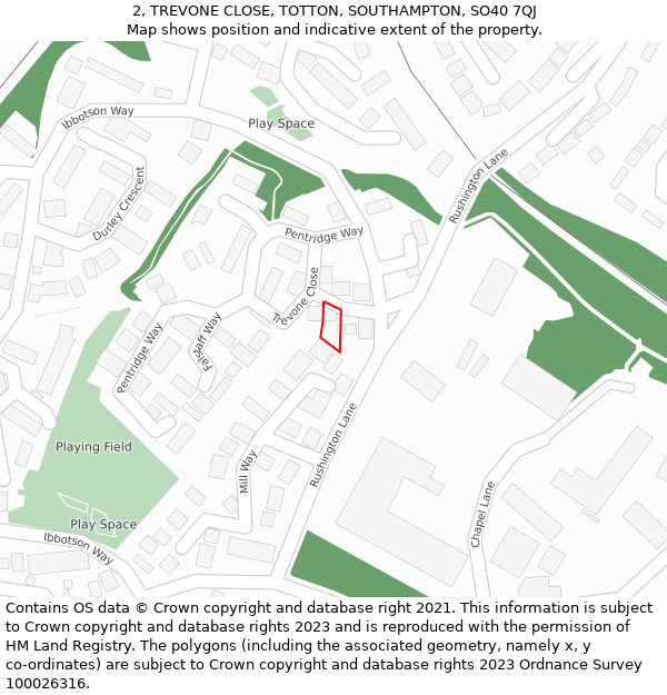 2, TREVONE CLOSE, TOTTON, SOUTHAMPTON, SO40 7QJ: Location map and indicative extent of plot