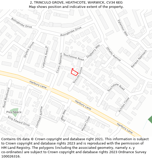 2, TRINCULO GROVE, HEATHCOTE, WARWICK, CV34 6EG: Location map and indicative extent of plot