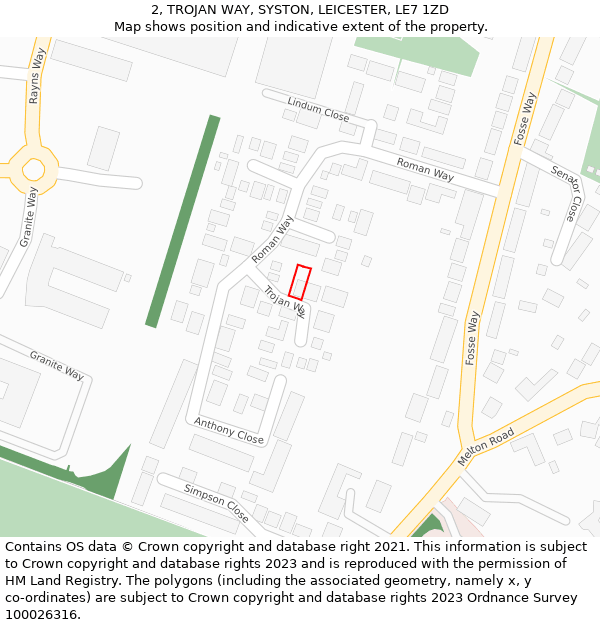 2, TROJAN WAY, SYSTON, LEICESTER, LE7 1ZD: Location map and indicative extent of plot