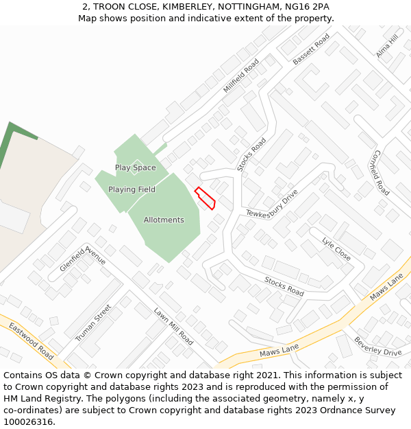 2, TROON CLOSE, KIMBERLEY, NOTTINGHAM, NG16 2PA: Location map and indicative extent of plot