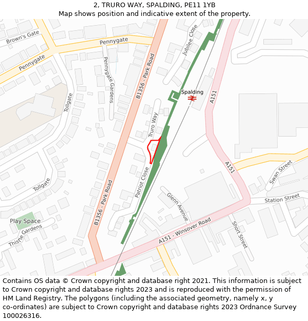 2, TRURO WAY, SPALDING, PE11 1YB: Location map and indicative extent of plot