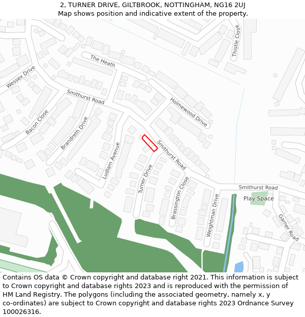 2, TURNER DRIVE, GILTBROOK, NOTTINGHAM, NG16 2UJ: Location map and indicative extent of plot