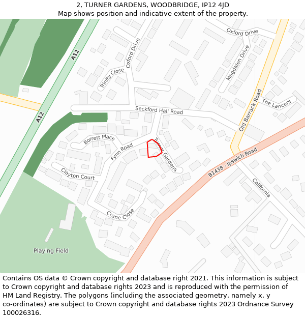 2, TURNER GARDENS, WOODBRIDGE, IP12 4JD: Location map and indicative extent of plot