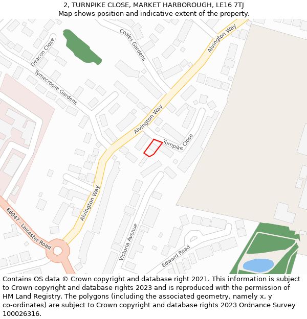 2, TURNPIKE CLOSE, MARKET HARBOROUGH, LE16 7TJ: Location map and indicative extent of plot