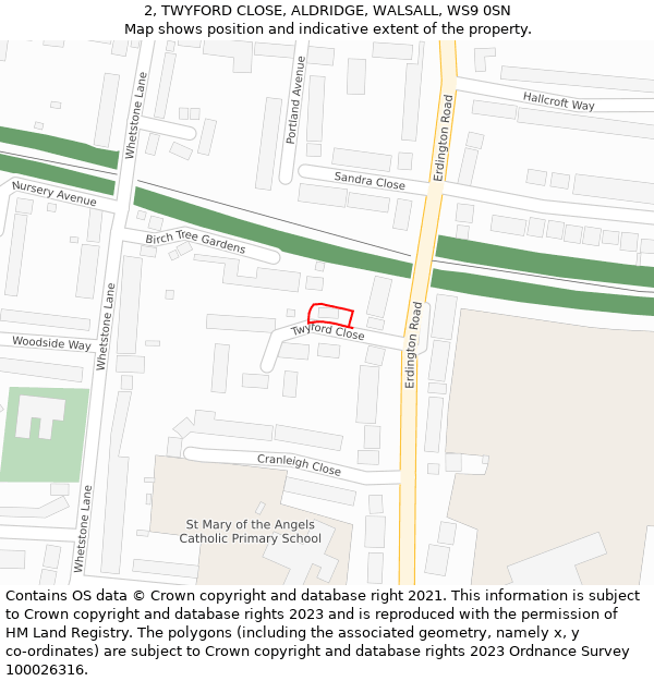 2, TWYFORD CLOSE, ALDRIDGE, WALSALL, WS9 0SN: Location map and indicative extent of plot