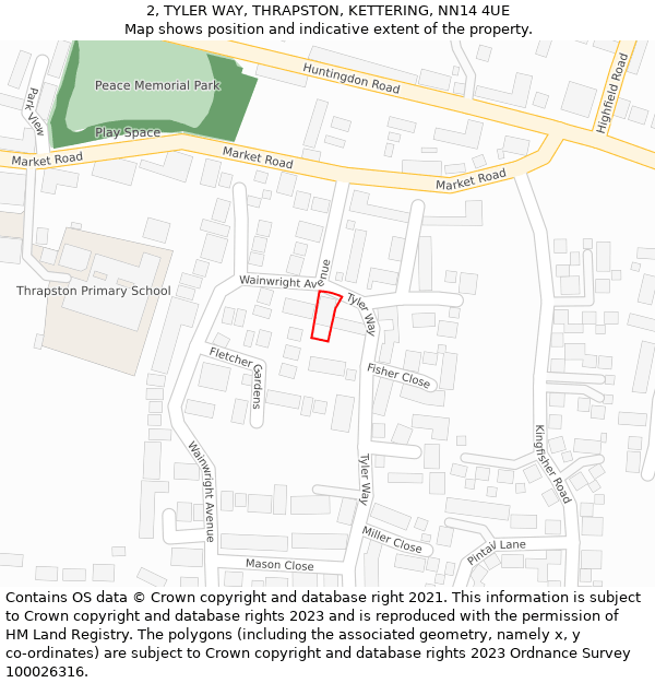 2, TYLER WAY, THRAPSTON, KETTERING, NN14 4UE: Location map and indicative extent of plot