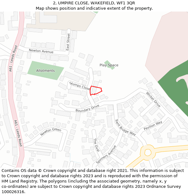 2, UMPIRE CLOSE, WAKEFIELD, WF1 3QR: Location map and indicative extent of plot