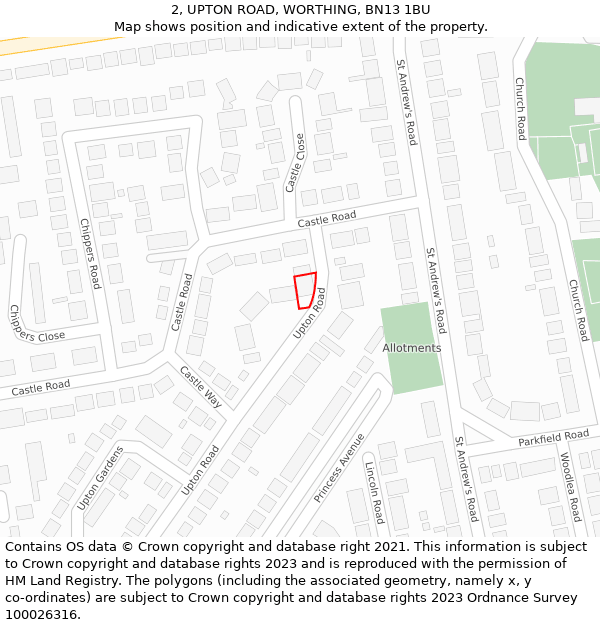 2, UPTON ROAD, WORTHING, BN13 1BU: Location map and indicative extent of plot