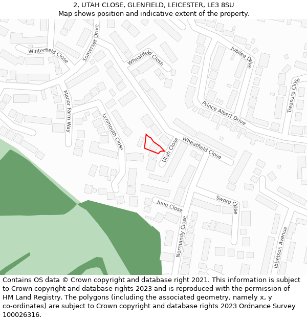 2, UTAH CLOSE, GLENFIELD, LEICESTER, LE3 8SU: Location map and indicative extent of plot
