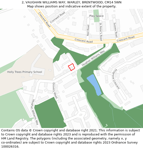 2, VAUGHAN WILLIAMS WAY, WARLEY, BRENTWOOD, CM14 5WN: Location map and indicative extent of plot