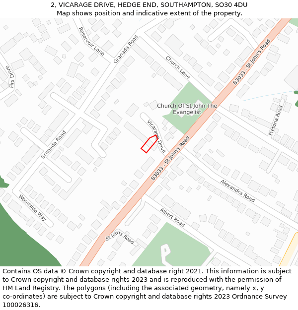 2, VICARAGE DRIVE, HEDGE END, SOUTHAMPTON, SO30 4DU: Location map and indicative extent of plot