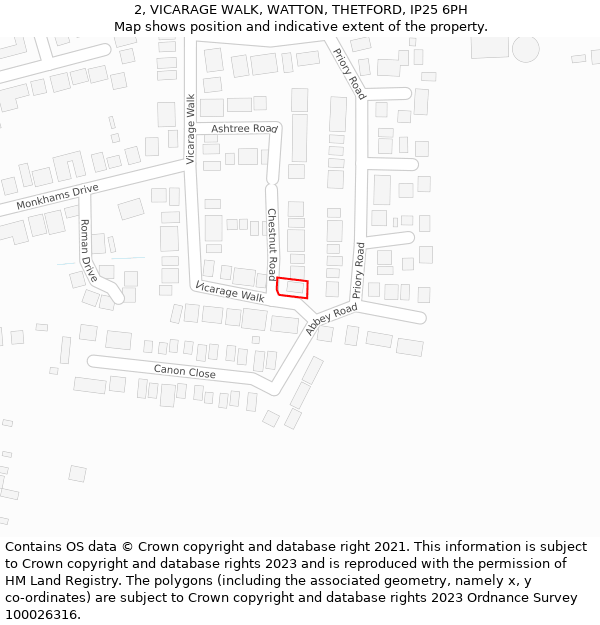 2, VICARAGE WALK, WATTON, THETFORD, IP25 6PH: Location map and indicative extent of plot