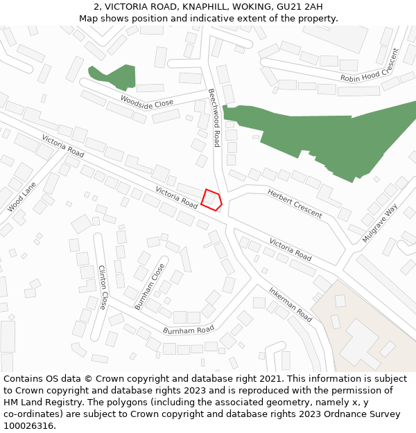 2, VICTORIA ROAD, KNAPHILL, WOKING, GU21 2AH: Location map and indicative extent of plot